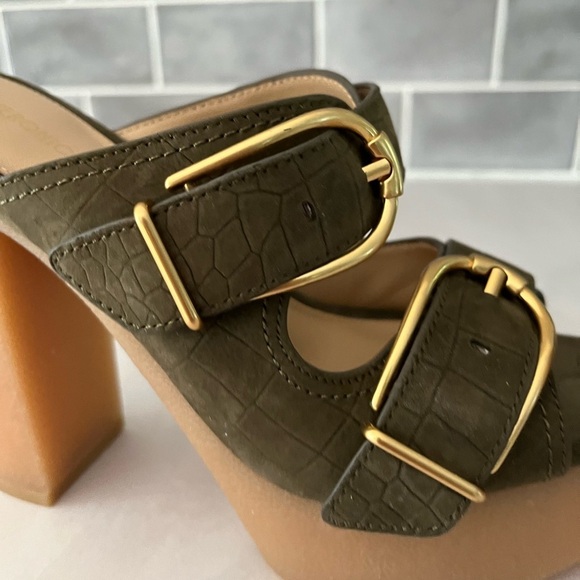 VERONICA BEARD GARRICK CROCO DUAL BUCKLE PLATFORM SANDALS IN KHAKI Size 6 New - Picture 10 of 13